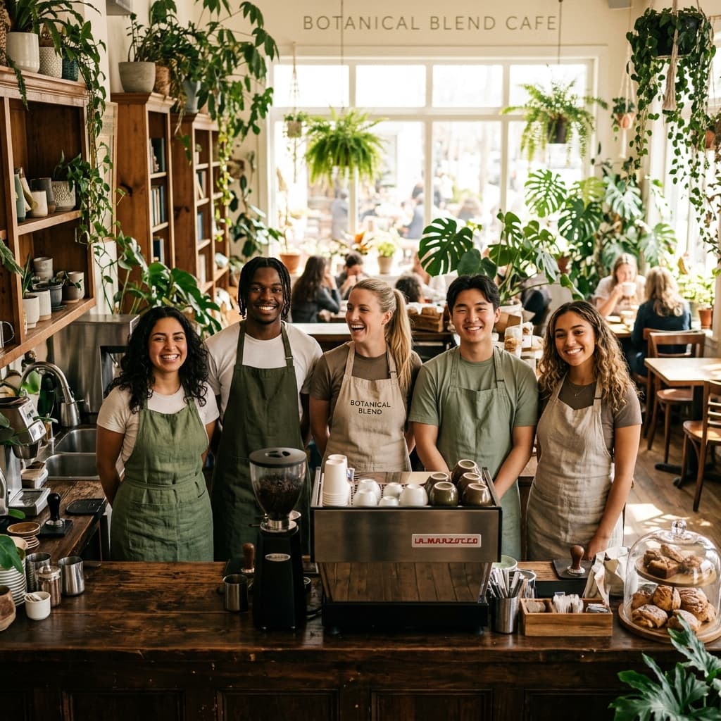 Our cozy cafe team preparing fresh organic coffee behind a rustic wood counter surrounded by hanging plant vines